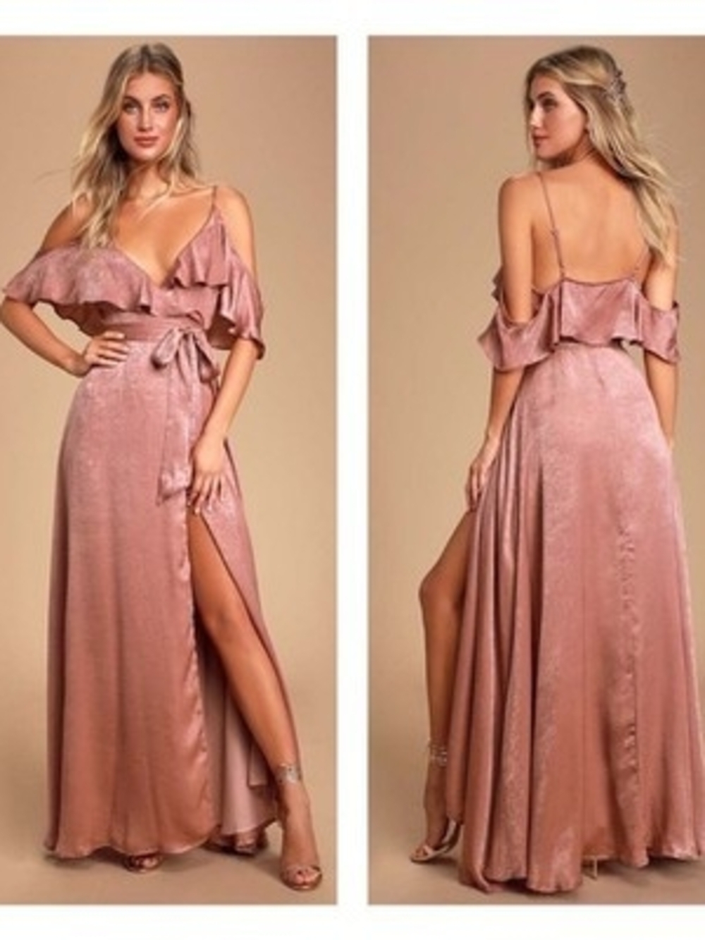 Lulu's Dusty Rose Ruffle Cold-Shoulder Maxi Dress